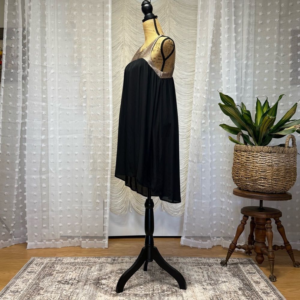 Needle & Thread Black Chiffon Hi-Low Dress Metallic Gold Racerback Size S